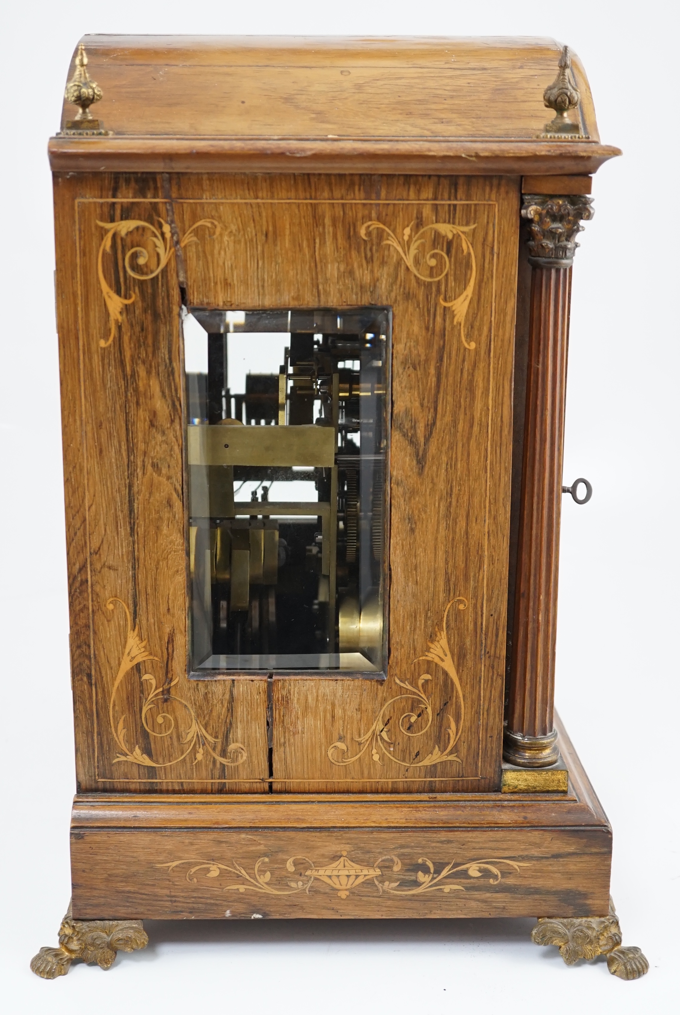 A late Victorian marquetry inlaid rosewood chiming bracket clock